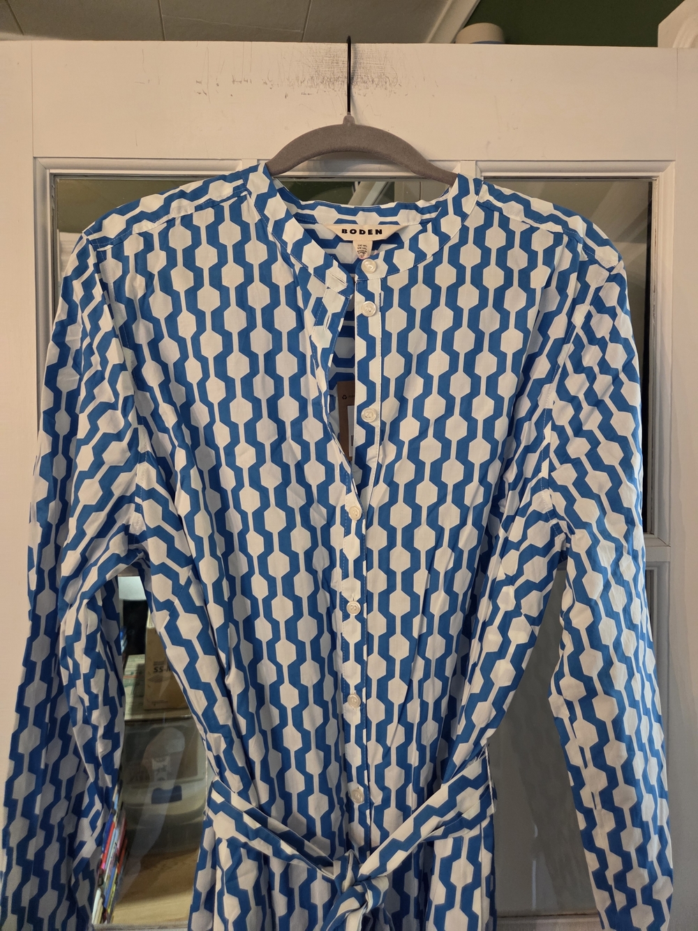 Boden Blue and White Geometric Cotton Dress - Size 14L - Picture 7 of 9